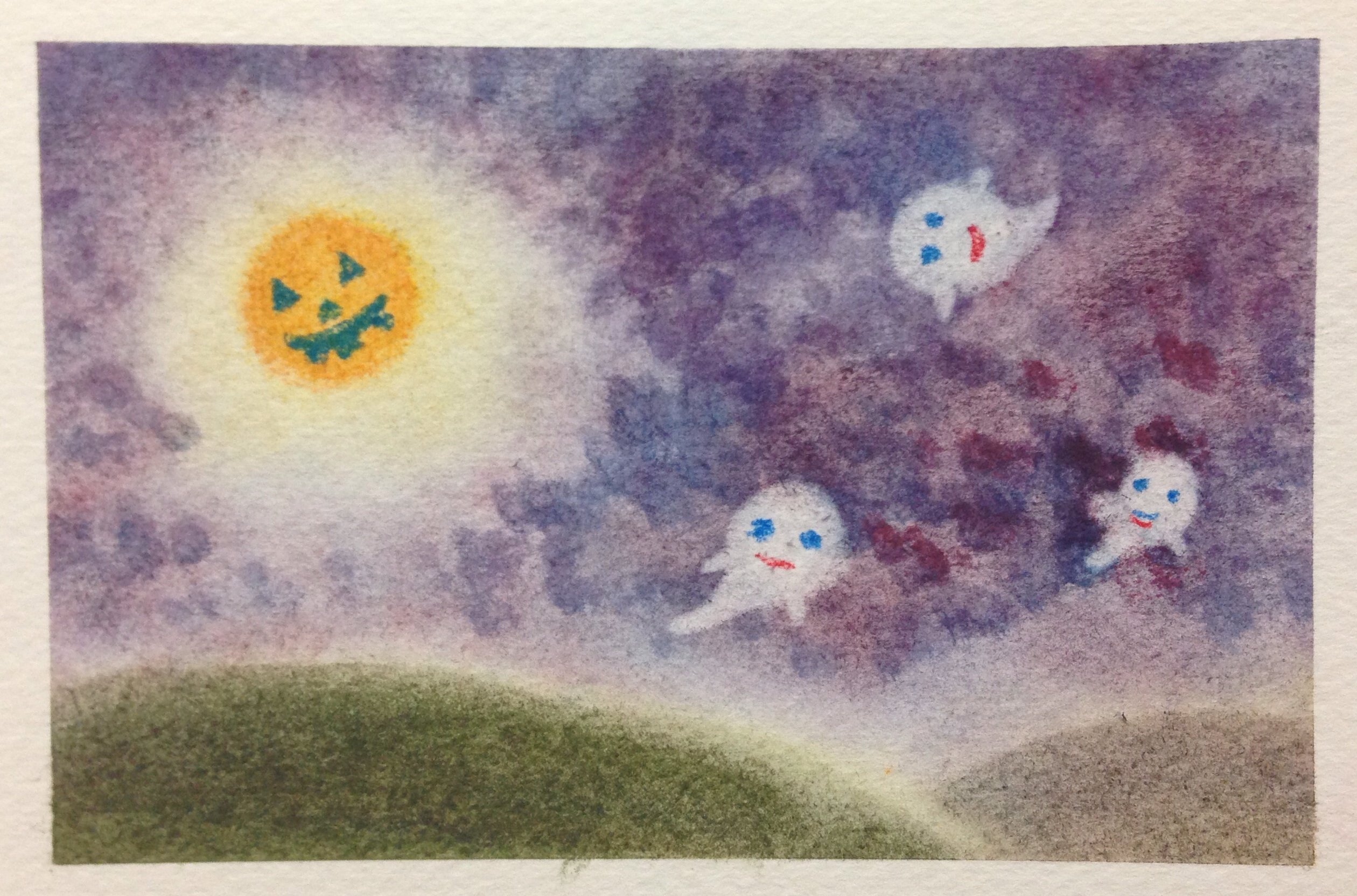 秋の絵(ハロウィン)を３色パステルアートで描いた見本です。