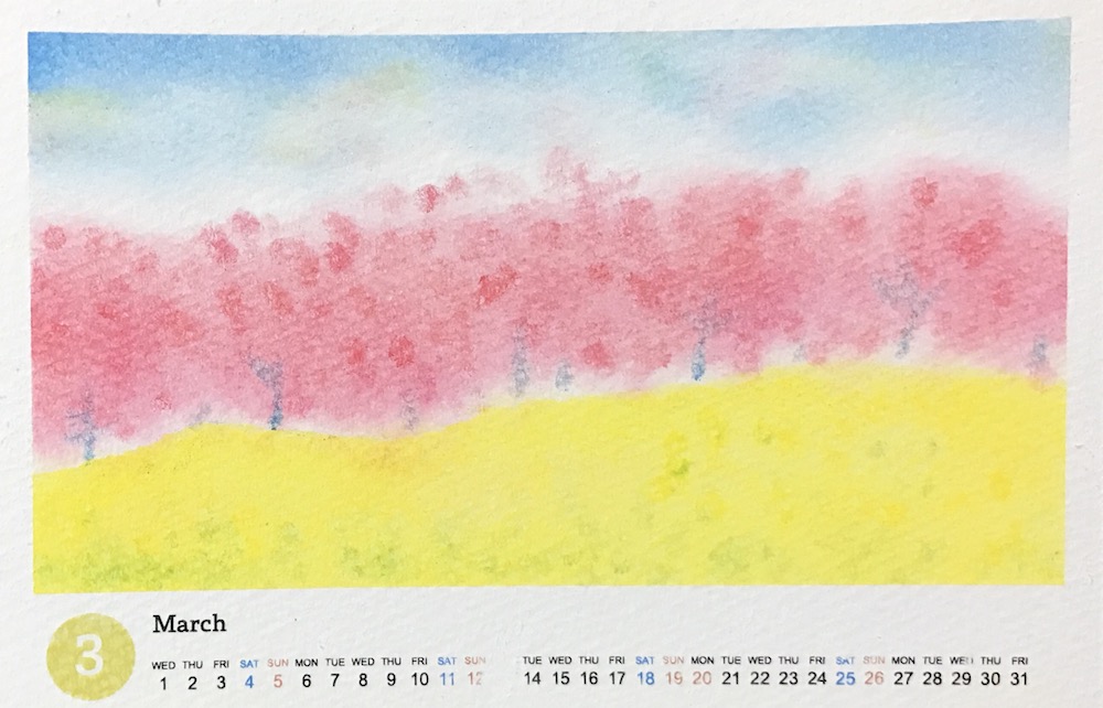 ３色パステルアート3月のカレンダー『春の丘』