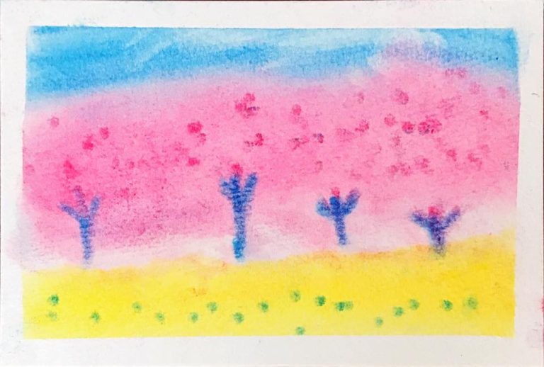 パステルアート子ども8才女の子が描いた春の風景画。桜と菜の花畑の絵です。