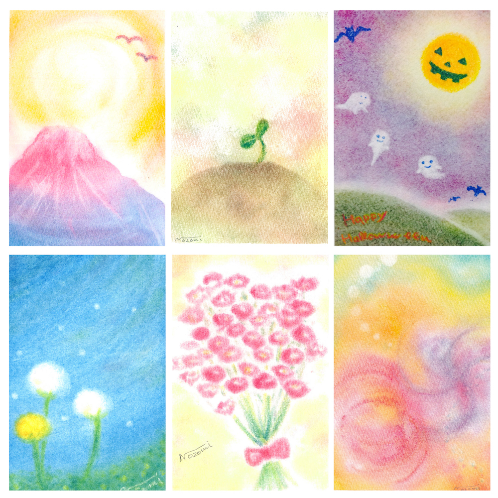 ３色パステルアート体験教室作品例<富士山、双葉、ハロウィン、綿毛、花束、抽象画>