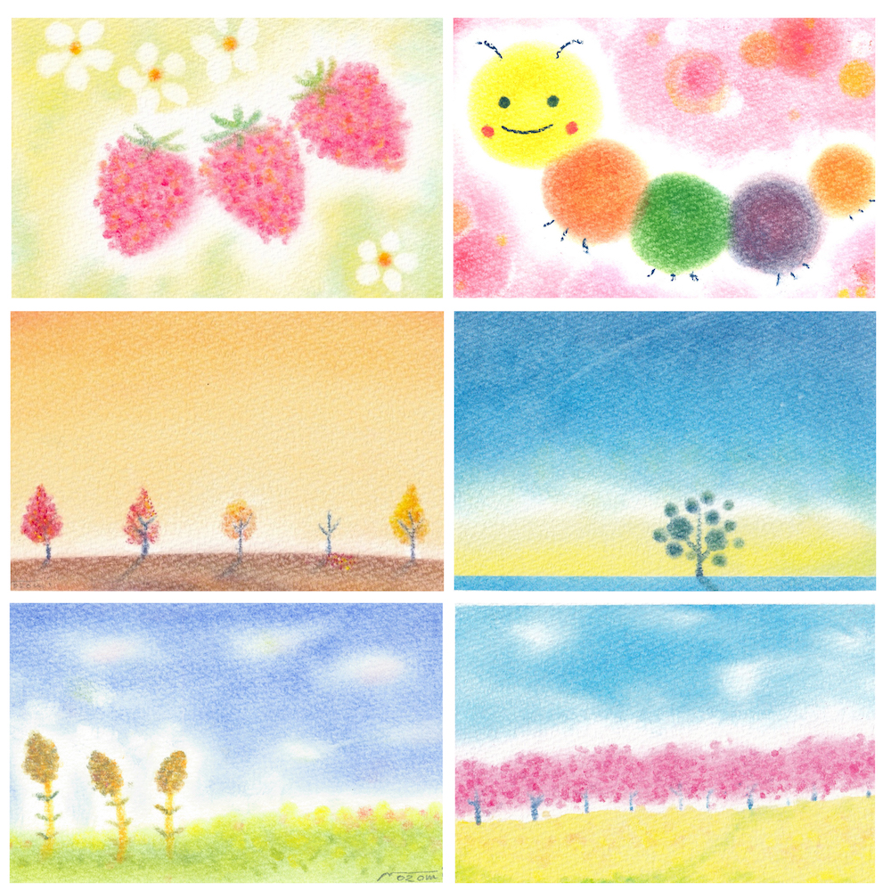 ３色パステルアート体験教室作品例<いちご、いもむし、秋、冬、つくし、花畑>
